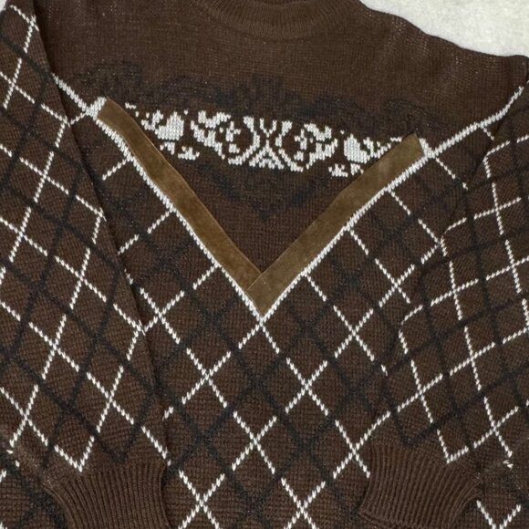 JJ Cochran‎ Sweater Mens XL Argyle Sweater Trim Leather Wool Grunge 90s Grandpa - Picture 8 of 8